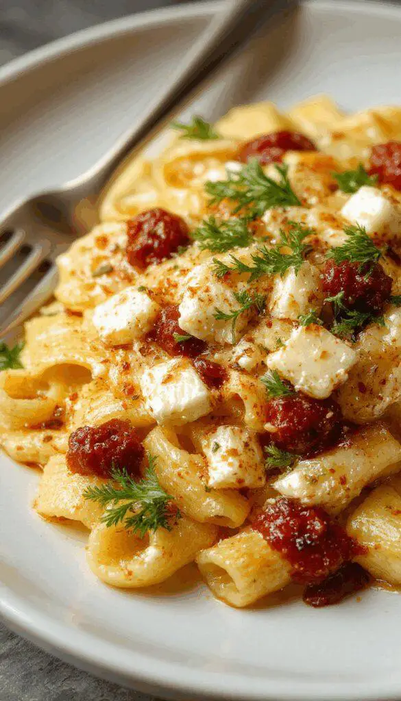 A close-up of a baked feta pasta dish featuring a creamy, golden-brown feta cheese sitting atop al dente pasta, garnished with fresh herbs and drizzled with a spicy honey glaze. The pasta is presented in a rustic white bowl with steam gently rising, highlighting the rich textures and colorful ingredients.